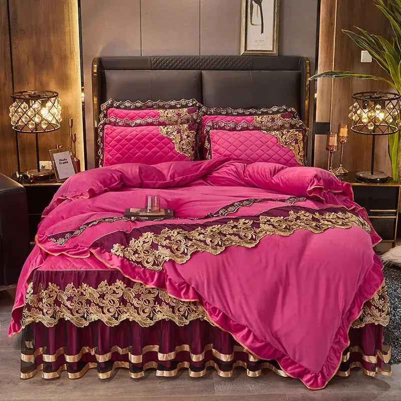 Luxurious fuchsia and burgundy velvet duvet set with black gold lace detailing by DecorBites black gold lace collection