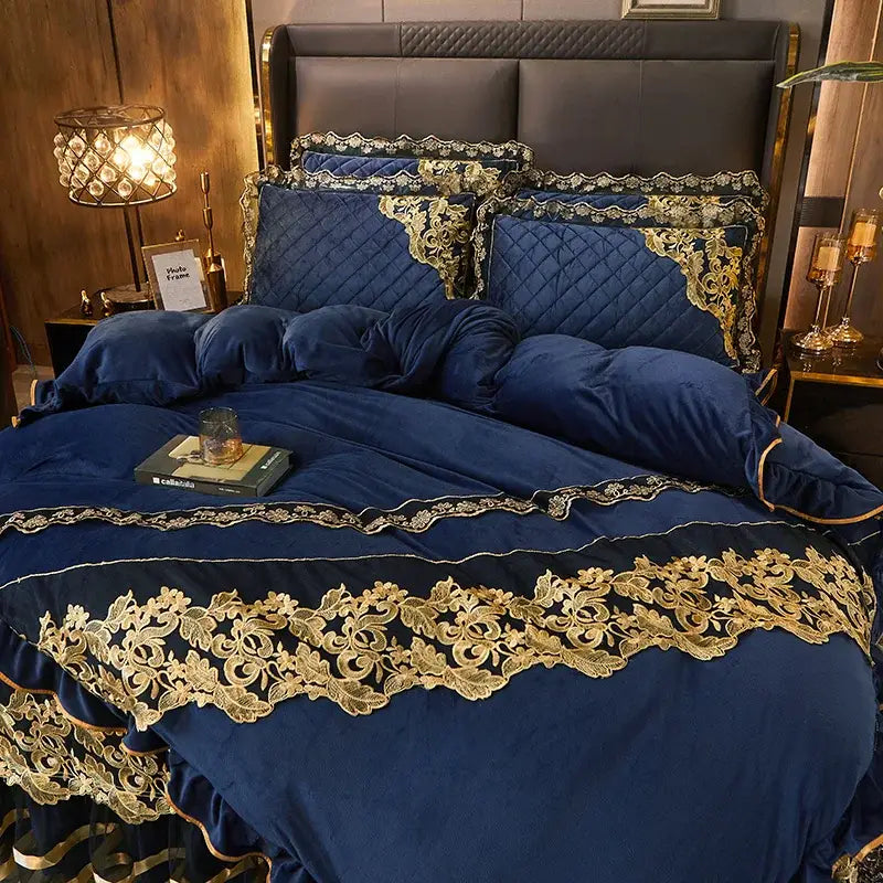 Deep blue velvet duvet set with intricate gold lace embroidery and quilted detailing from decorbites black gold lace collection