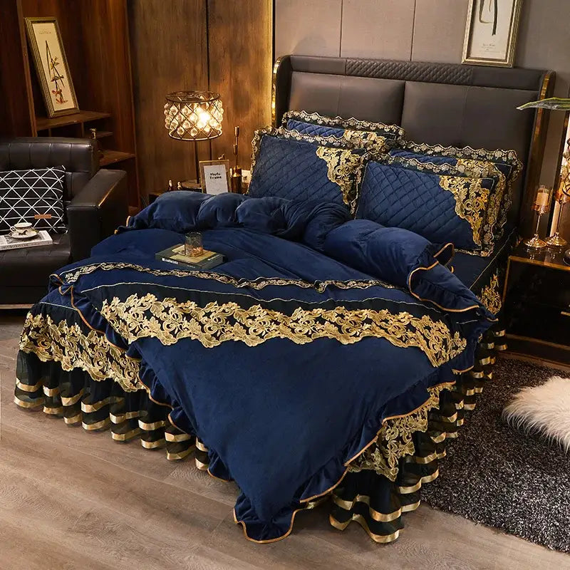 Deep navy velvet duvet set with intricate gold lace and quilted embroidery from decorbites black gold lace collection