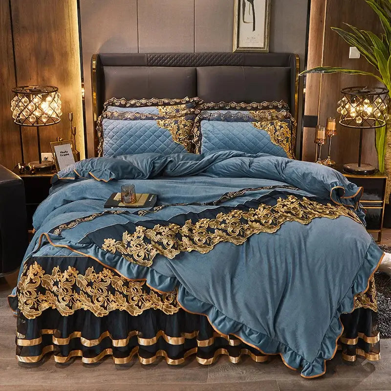 Luxurious blue velvet duvet set with black gold lace intricate embroidery and ruffle edges by decorbites black gold