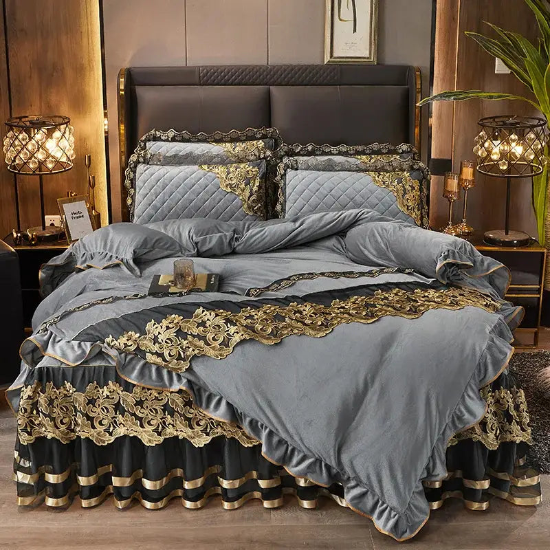 Luxury gray velvet duvet set with intricate black gold lace and quilted embroidery by DecorBites black gold