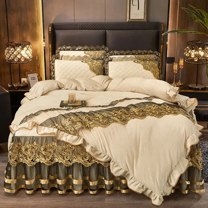 Luxurious cream and gold embroidered decorbites black gold lace duvet set with quilted crystal velvet and ruffle bedding
