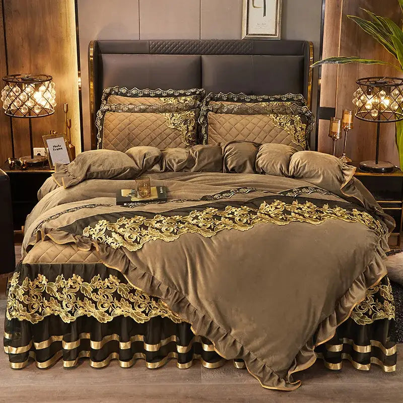 Luxurious brown velvet duvet set with intricate gold embroidery and ruffled detailing from decorbites black gold lace collection
