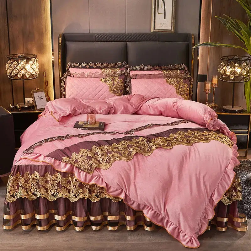 Pink and gold lace-trimmed satin duvet set with ruffled edges by decorbites black gold lace luxury bedding