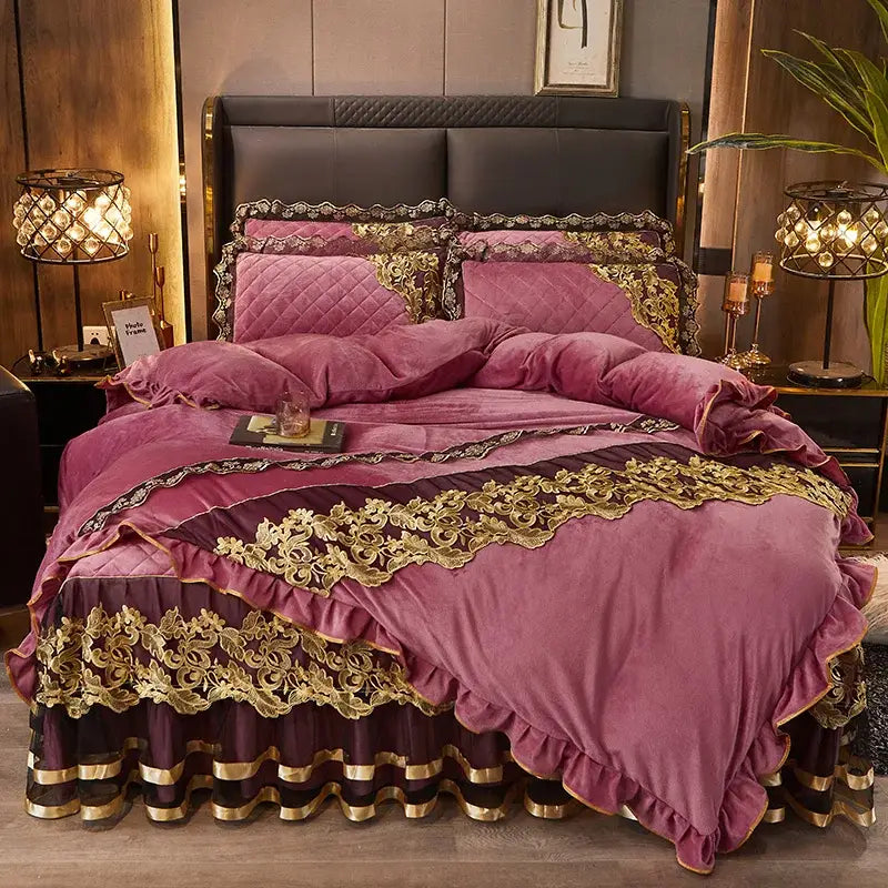 Luxurious plum velvet duvet set by DecorBites black gold with intricate gold lace and ruffled edges for elegant bedding