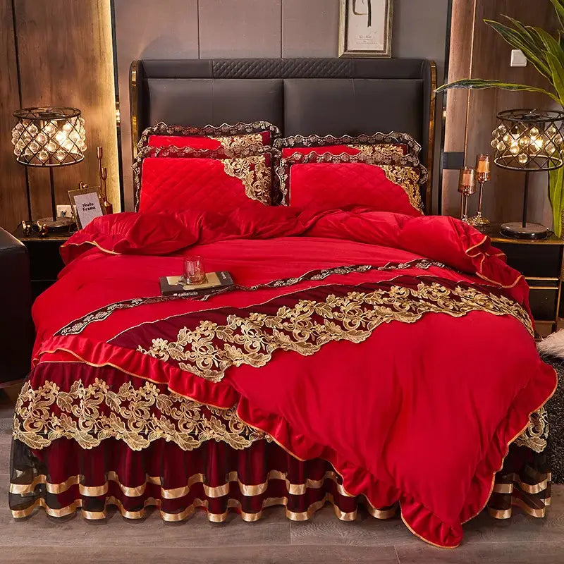 Luxurious decorbites black gold lace velvet duvet set in red with intricate gold lace detailing and ruffled edges