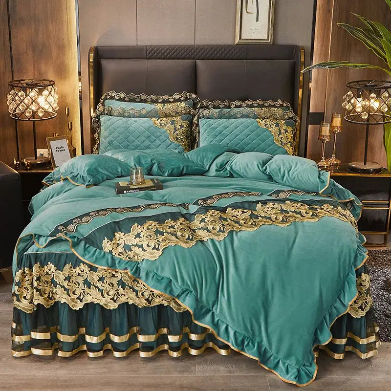 Teal velvet duvet set with gold lace and ruffled trim from decorbites black gold lace collection luxury crystal velvet
