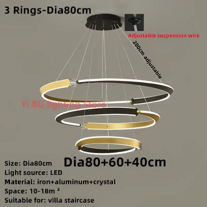 Modern three-tiered DecorBites black gold LED ceiling chandelier with concentric rings in black gold and white finishes