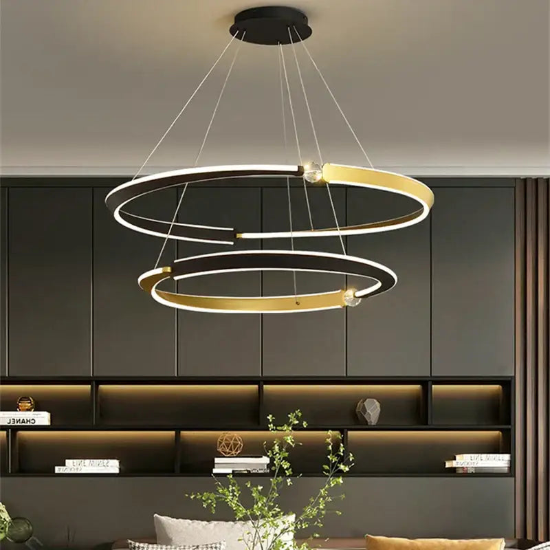 Modern decorbites black gold led double-ring pendant light with black and gold metallic rings for dining room lighting