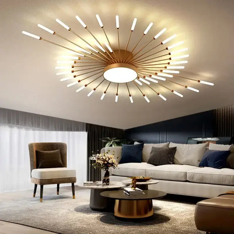 Gold-toned decorbites black gold led chandelier with central circular fixture and slender white arms for modern interiors