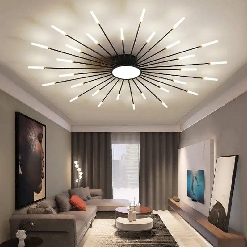 Black starburst ceiling light with white LED rods from decorbites black gold LED chandelier for modern living rooms