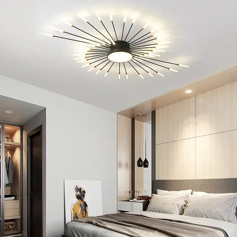 Modern black and white starburst ceiling light with slender rods from decorbites black gold led chandelier for living room