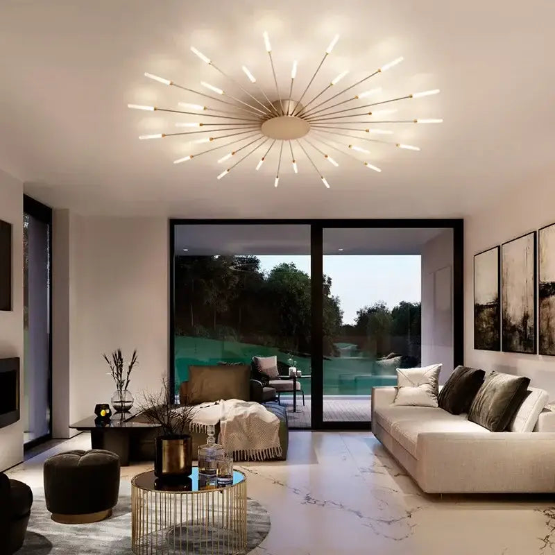Modern starburst decorbites black gold led chandelier with slender metallic arms and warm white bulbs for living rooms