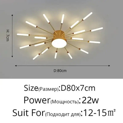 Gold-toned decorbites black gold led chandelier with white led rods radiating from a central circular base for modern interiors