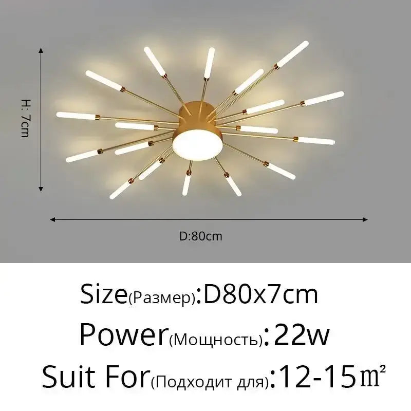 Gold-toned decorbites black gold led chandelier with white led rods radiating from a central circular base for modern interiors