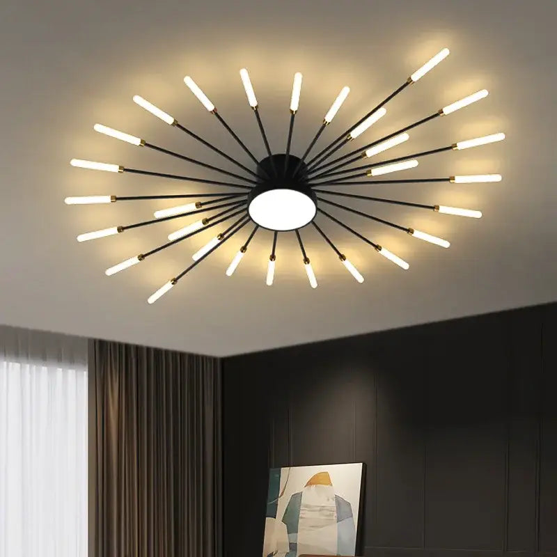 Modern black gold led chandelier with multiple glowing rods radiating from a central fixture for home lighting decorbites black gold