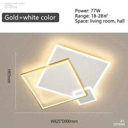 Modern gold and white rectangular led ceiling light with overlapping geometric design from decorbites black gold led chandelier collection
