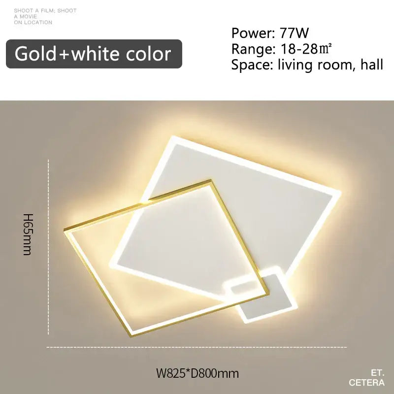 Modern gold and white rectangular led ceiling light with overlapping geometric design from decorbites black gold led chandelier collection