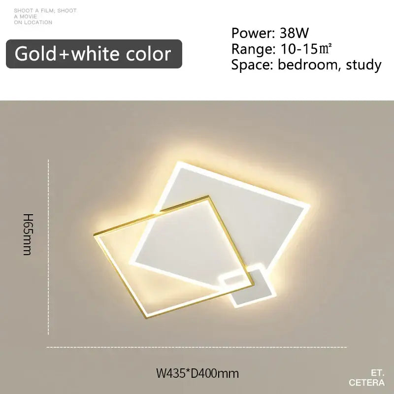 Gold and white modern square ceiling light with overlapping geometric design in DecorBites black gold LED chandelier