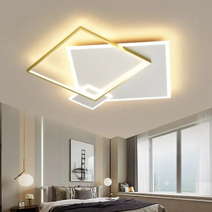 Modern square decorbites black gold led chandelier with gold trim and layered geometric design for living and dining rooms