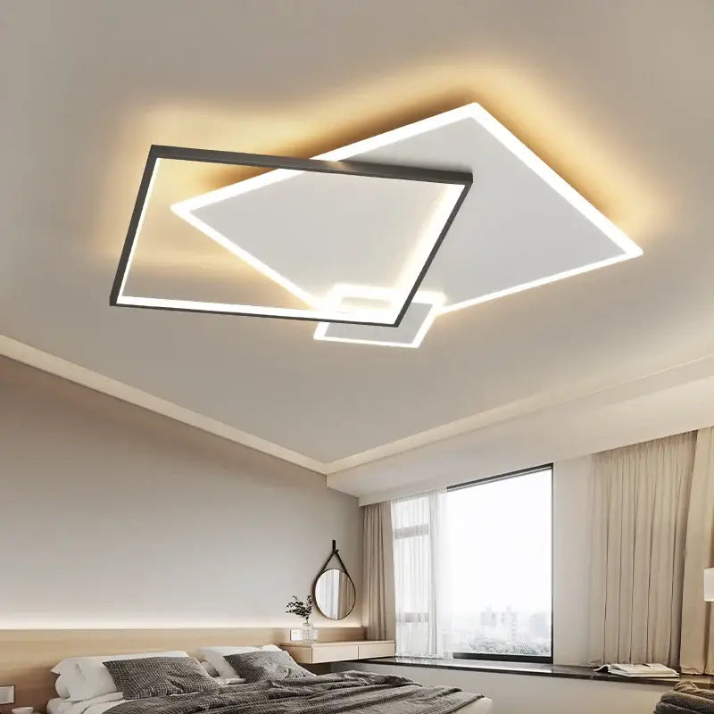 DecorBites black gold LED chandelier featuring warm LED illumination with overlapping geometric rectangular frames