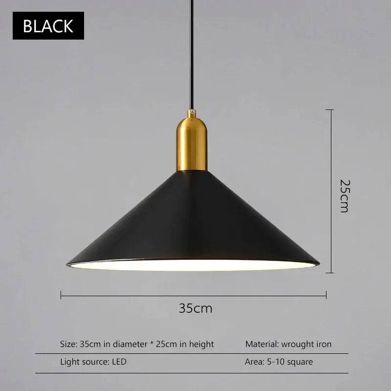 Decorbites black gold led pendant lights featuring a black wrought iron conical shade with gold toned fixture