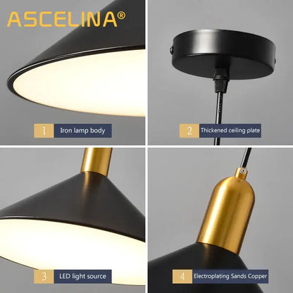 Decorbites black gold pendant lights featuring a black iron lamp with gold electroplated copper accent and led light