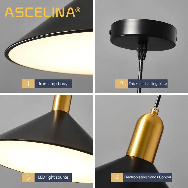 Decorbites black gold pendant lights featuring a black iron lamp with gold electroplated copper accent and led light