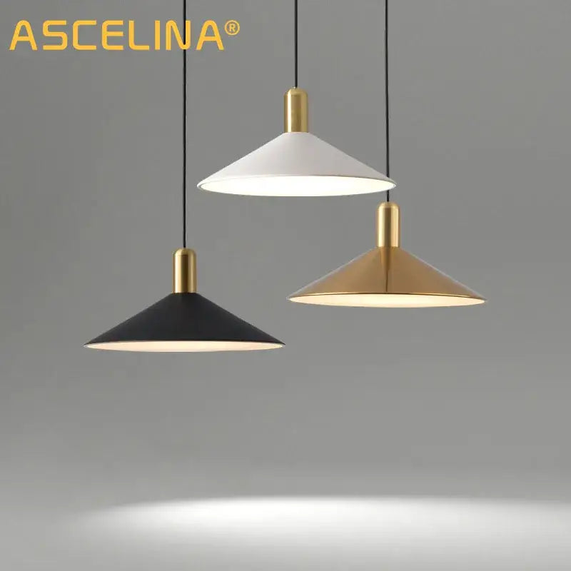 Modern DecorBites black gold pendant lights with white, black, and gold conical shades suspended by thin cords