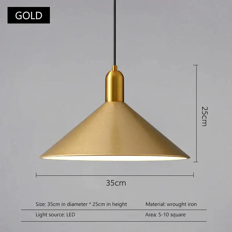 Gold-colored pendant lights with conical matte wrought iron shade from DecorBites black gold led collection