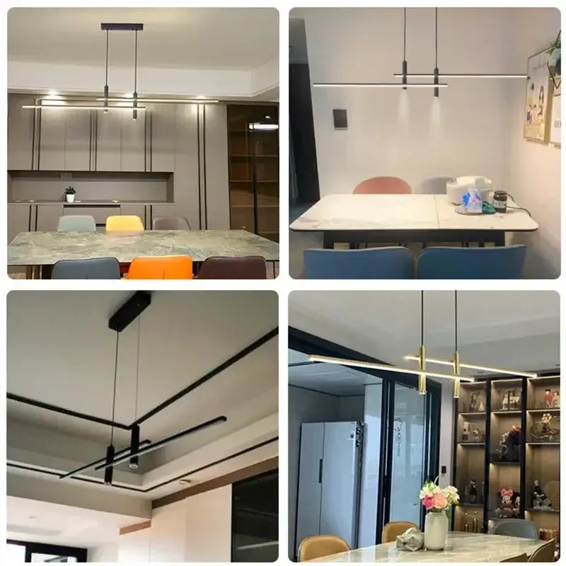 Decorbites black gold led pendant lights with sleek black metal bars and warm ambient lighting for modern dining room
