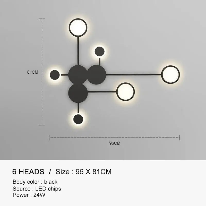 Decorbites black gold wall lamp with six spherical heads in molecular design modern black gold led fixture