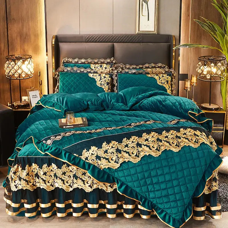 Teal velvet quilted bedding set with gold embroidered lace and ruffled skirt from decorbites black gold luxury collection