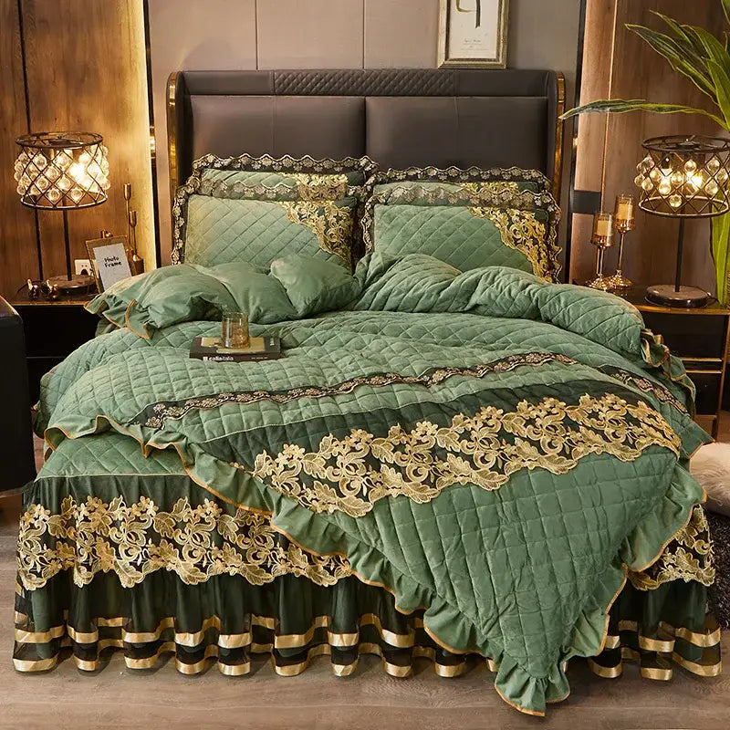 Emerald green quilted decorbites black gold luxury bedding set with gold lace trim and ruffled velvet edges