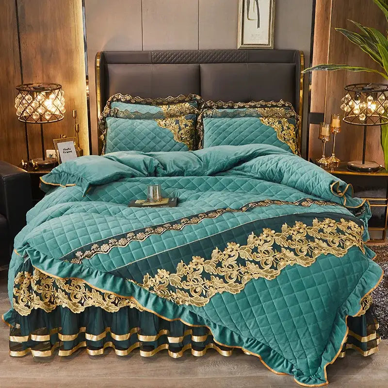 Teal velvet quilted bedding set with gold lace trim and ruffled edges from DecorBites black gold luxury collection