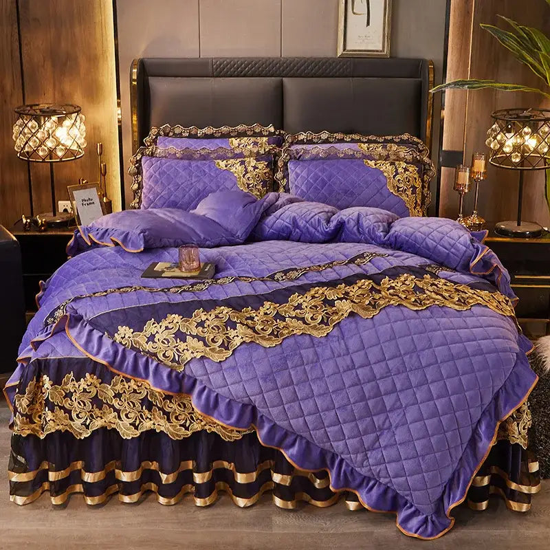 Purple quilted bedding set with gold lace trim and ruffled edges from decorbites black gold luxury collection