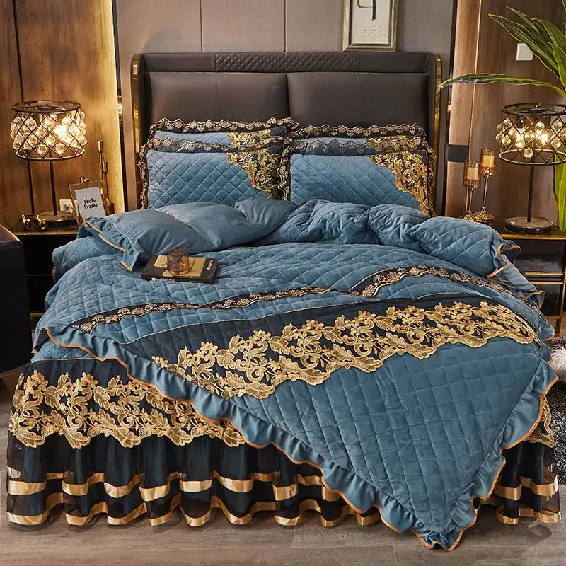 Blue quilted DecorBites Black Gold luxury bedding set with gold lace trim velvet and ruffled edges