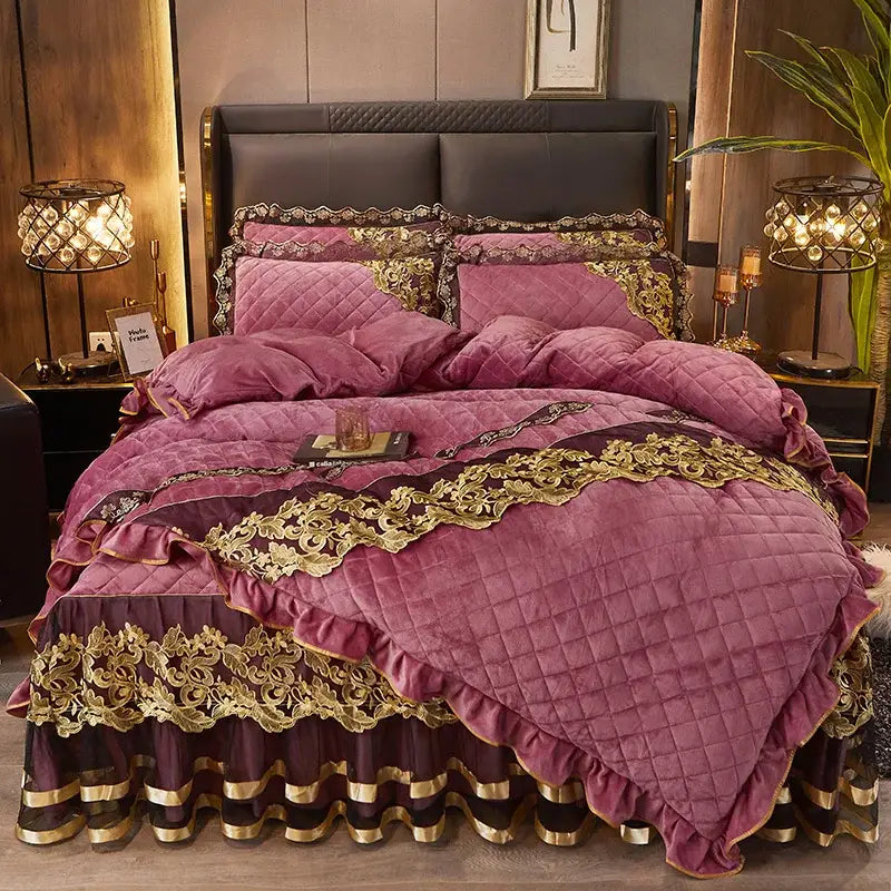 Luxurious decorbites black gold luxury burgundy and gold quilted velvet bedding set with intricate lace detailing and ruffles