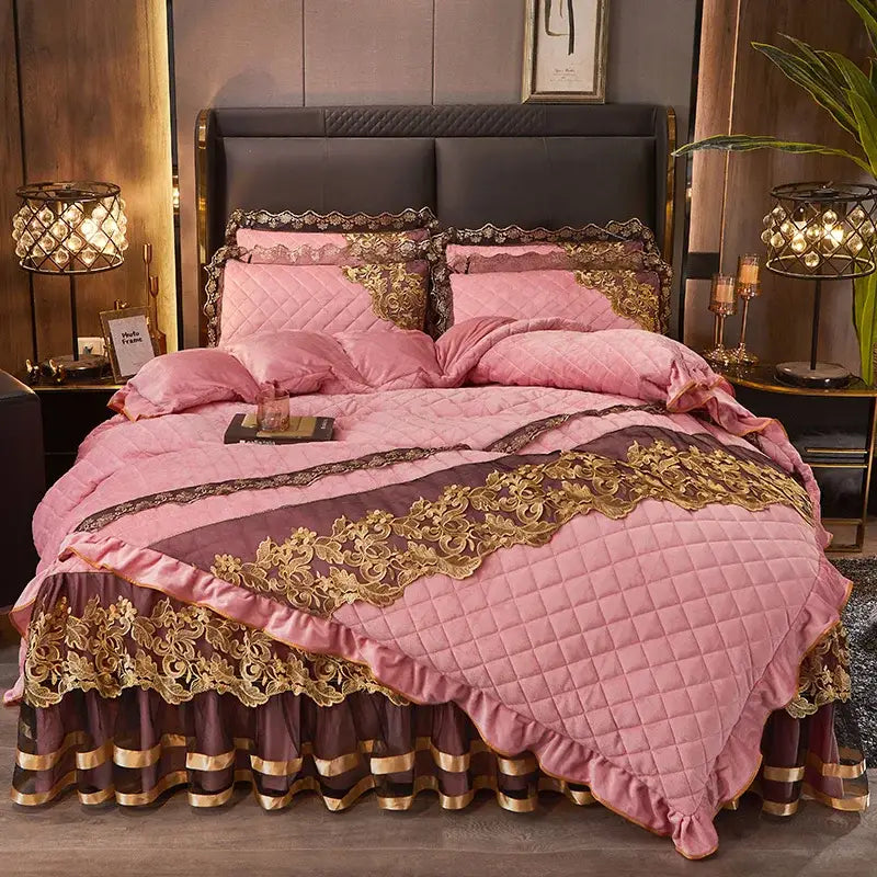 Pink and gold quilted lace bedding set from decorbites black gold luxury crystal velvet collection with embroidery and ruffles