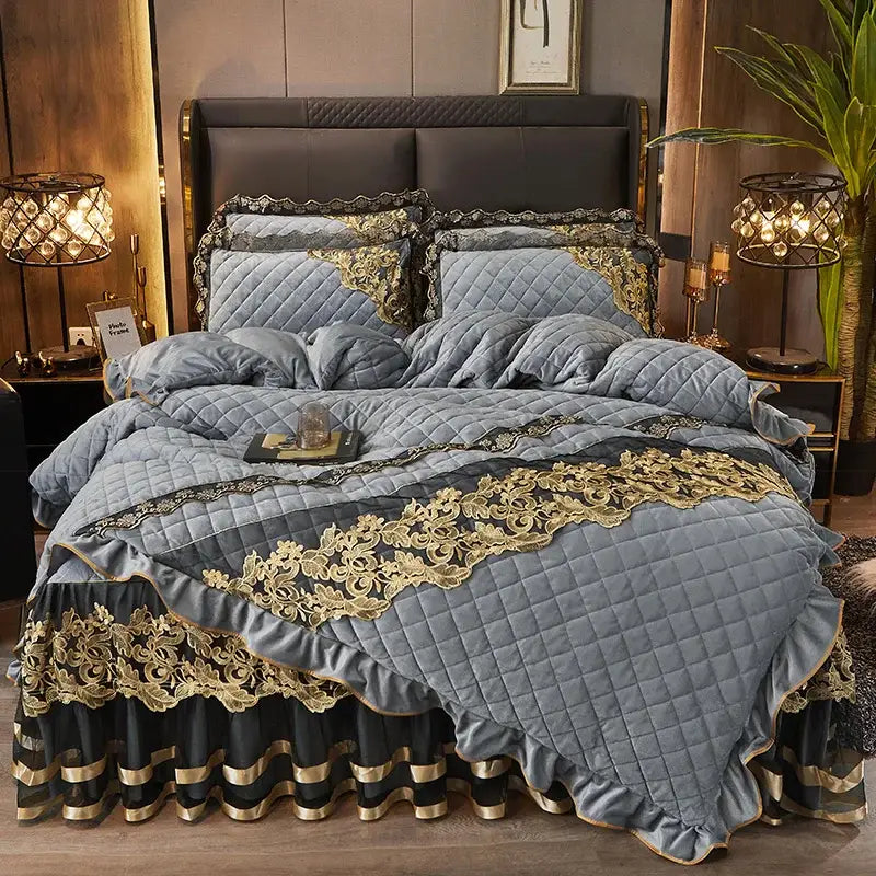 Luxury gray quilted DecorBites black gold bedding set with intricate gold lace detailing and ruffled edges in velvet