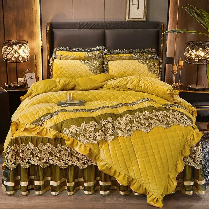 Yellow and olive green quilted decorbites black gold luxury bedding set with velvet material and intricate lace trim