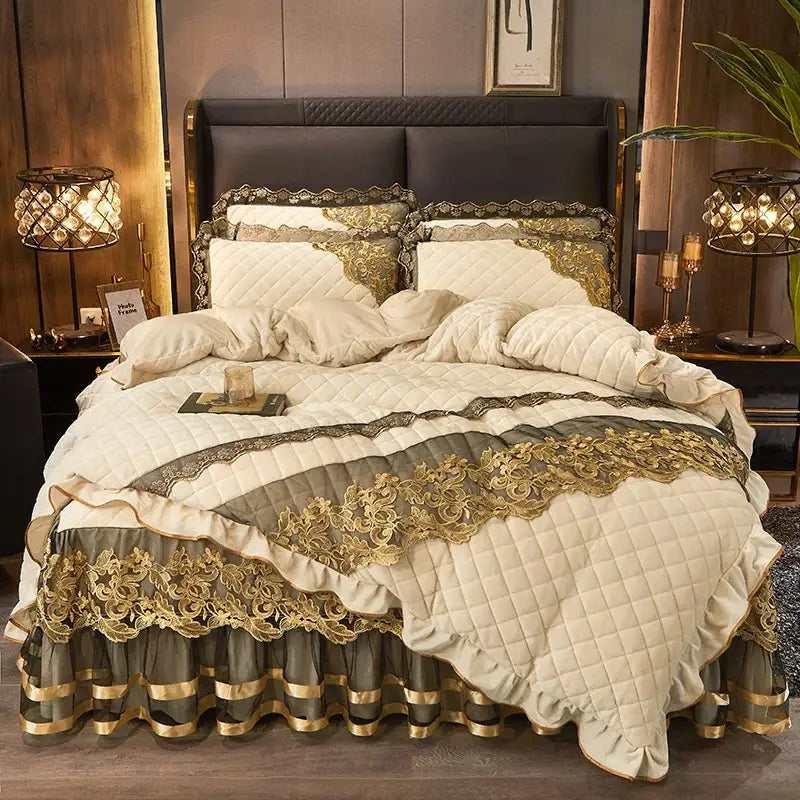 Cream and gold quilted DecorBites black gold luxury bedding set with velvet, intricate lace, and embroidered ruffles
