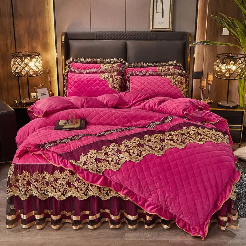 Luxurious fuchsia and burgundy quilted velvet bedding set with gold lace trim from DecorBites Black Gold luxury collection