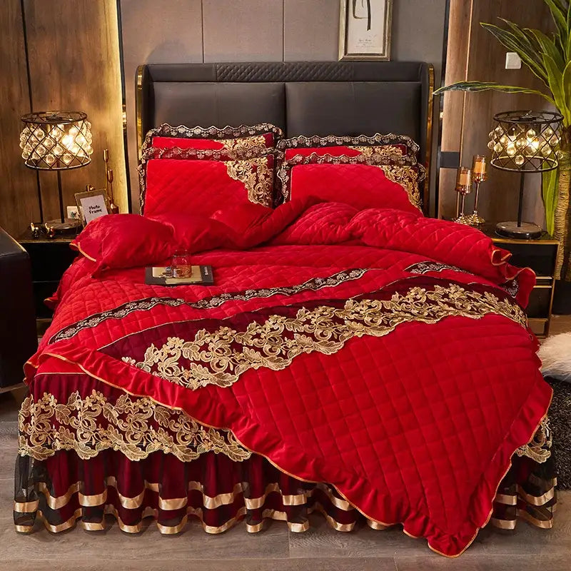 Luxurious red velvet bedding set with intricate gold lace detailing and quilted design by DecorBites black gold luxury