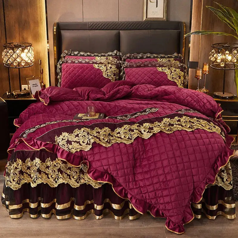 Burgundy quilted decorbites black gold luxury crystal velvet bedding set with intricate gold lace trim and ruffled edges
