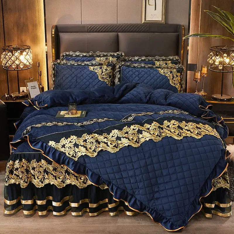 Deep navy quilted bedding set with intricate gold embroidery and ruffled edges in decorbites black gold luxury velvet