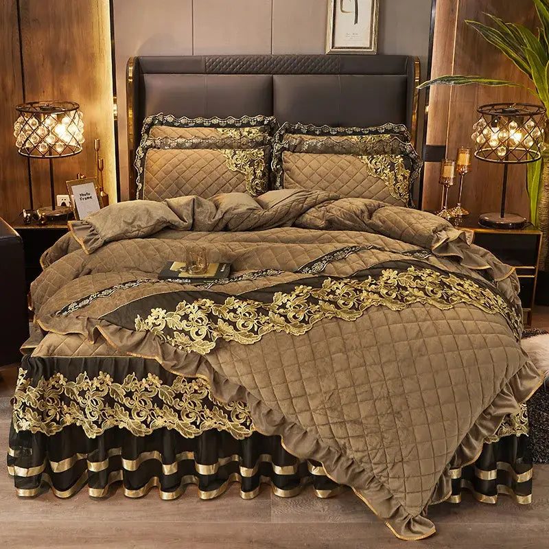 Luxurious brown quilted DecorBites black gold luxury velvet bedding set with gold lace trim and ruffled edges