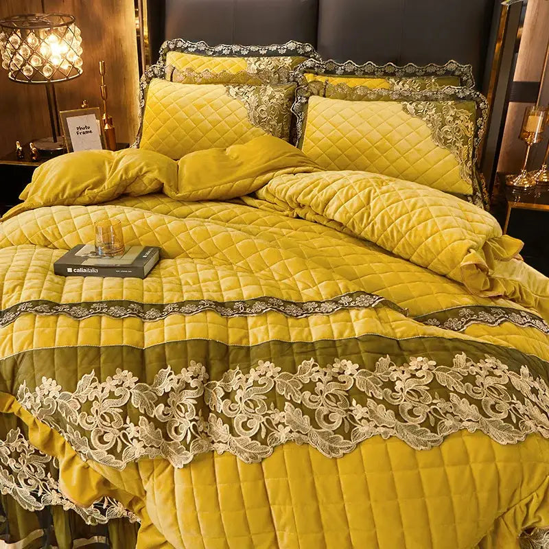 Yellow quilted velvet bedding set with olive green accents and white lace trim from decorbites black gold luxury collection