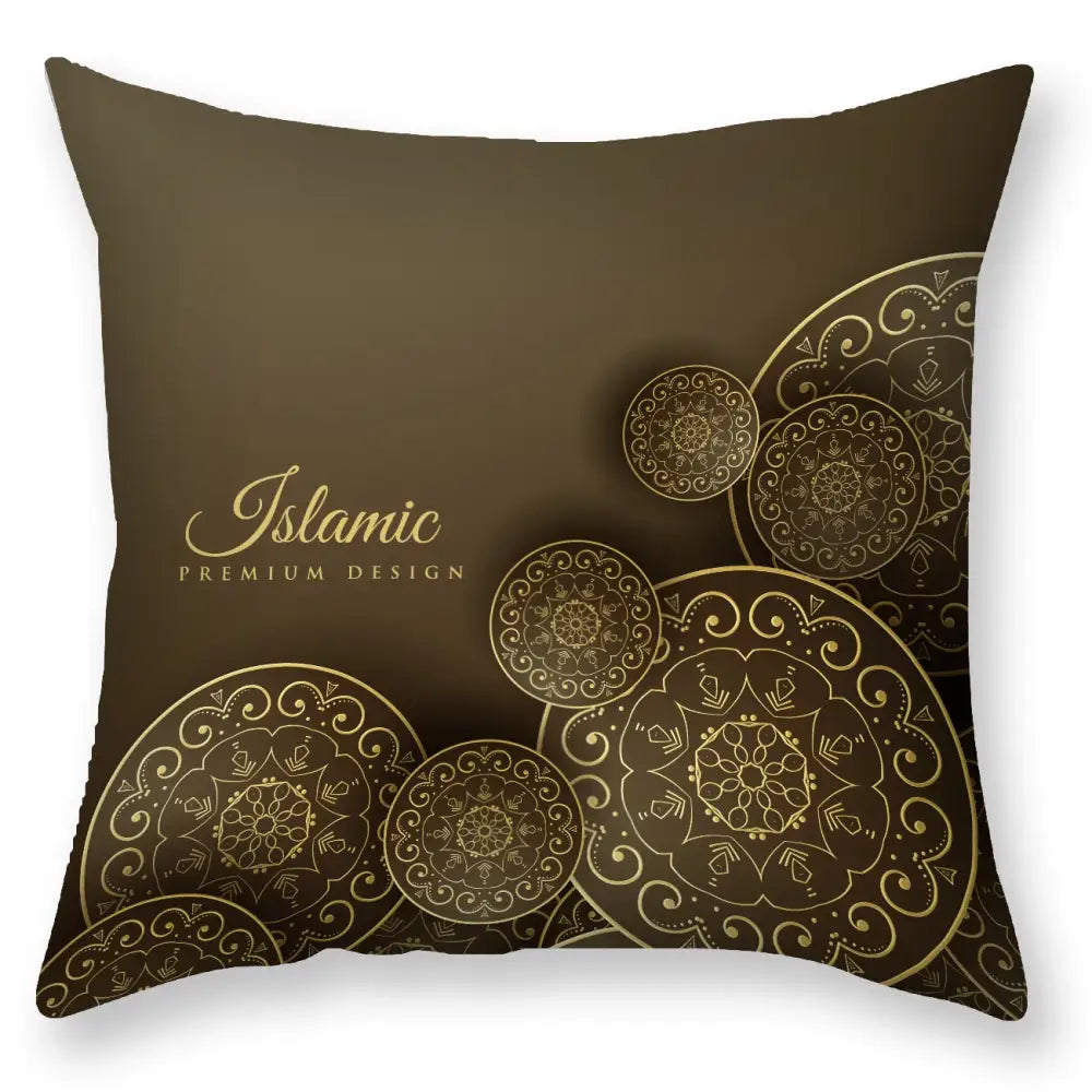 Brown throw pillow with intricate gold islamic geometric patterns from decorbites black gold mandala collection