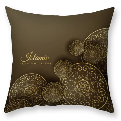 Brown throw pillow with intricate gold islamic geometric patterns from decorbites black gold mandala collection